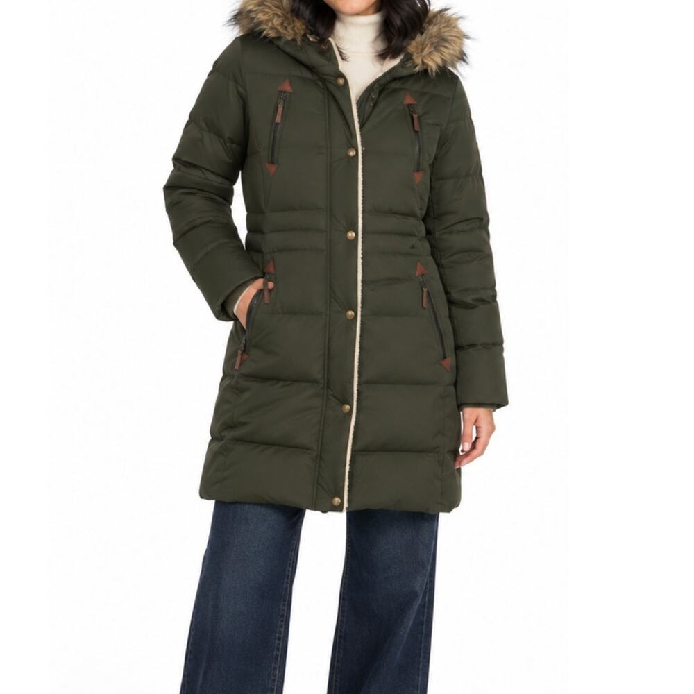 Lauren Ralph Lauren Olive Green Down Puffer Parka Coat Faux Fur Hood Medium